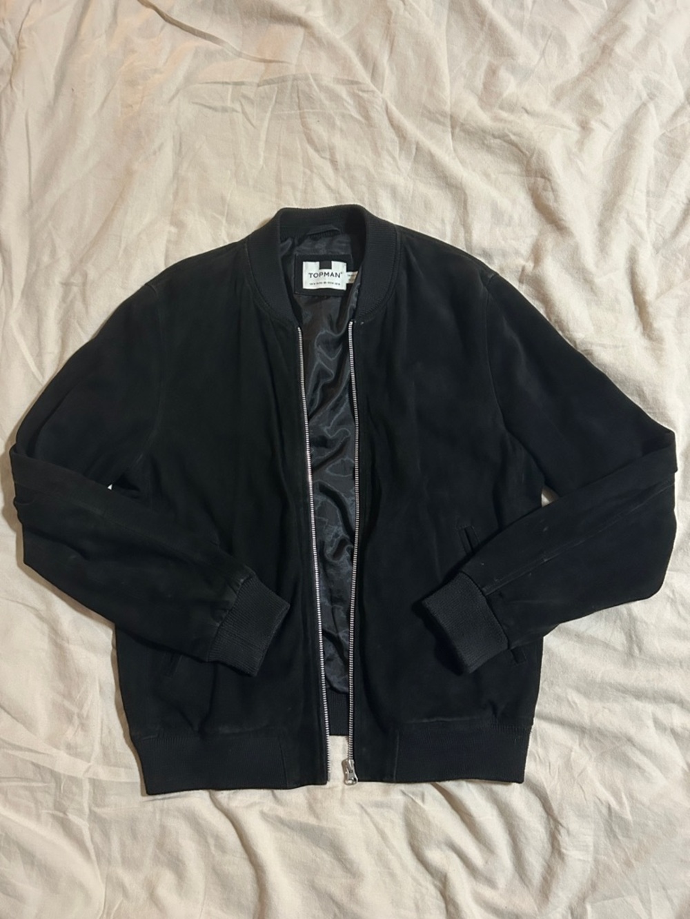 Topman Black Suede Leather Bomber Jacket with Zip Front